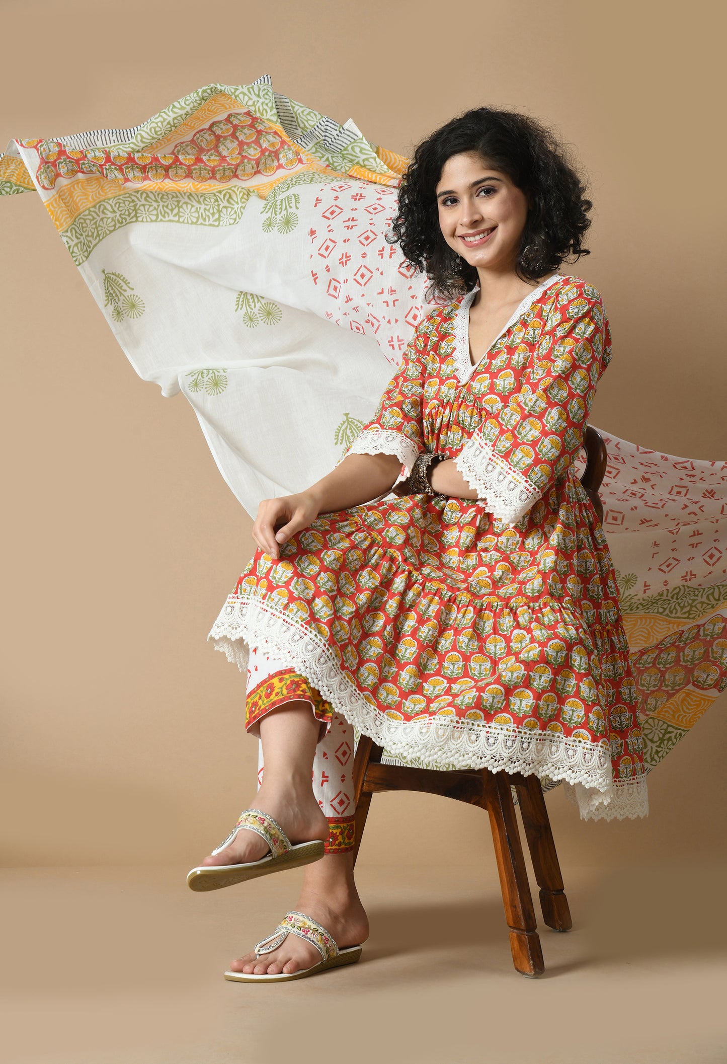 Floral Printed V-Neck Empire Pure Cotton Anarkali Kurta With Trousers & Dupatta