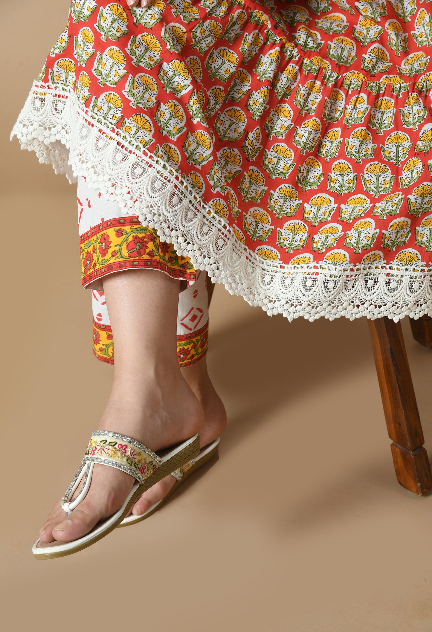 Floral Printed V-Neck Empire Pure Cotton Anarkali Kurta With Trousers & Dupatta