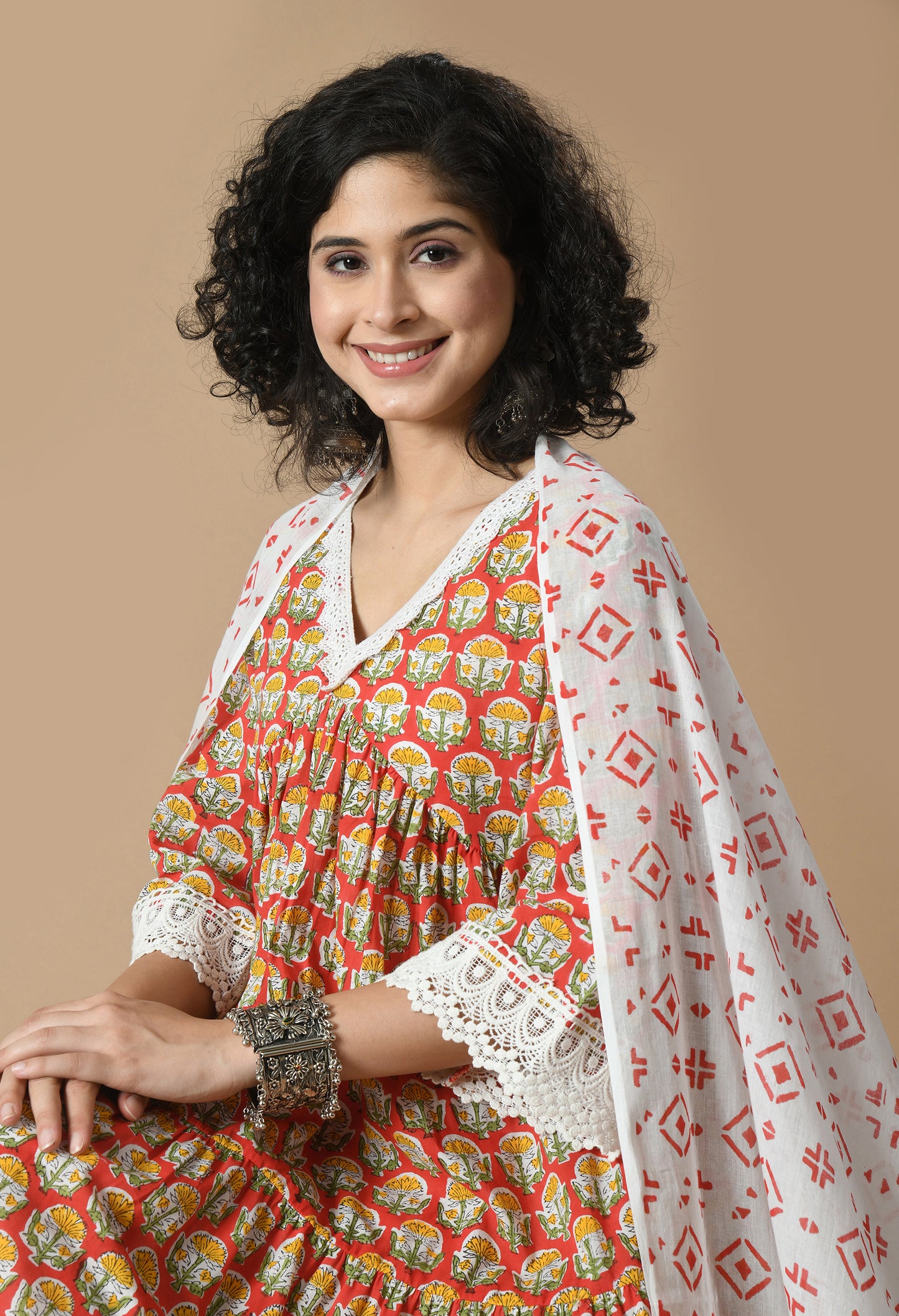 Floral Printed V-Neck Empire Pure Cotton Anarkali Kurta With Trousers & Dupatta