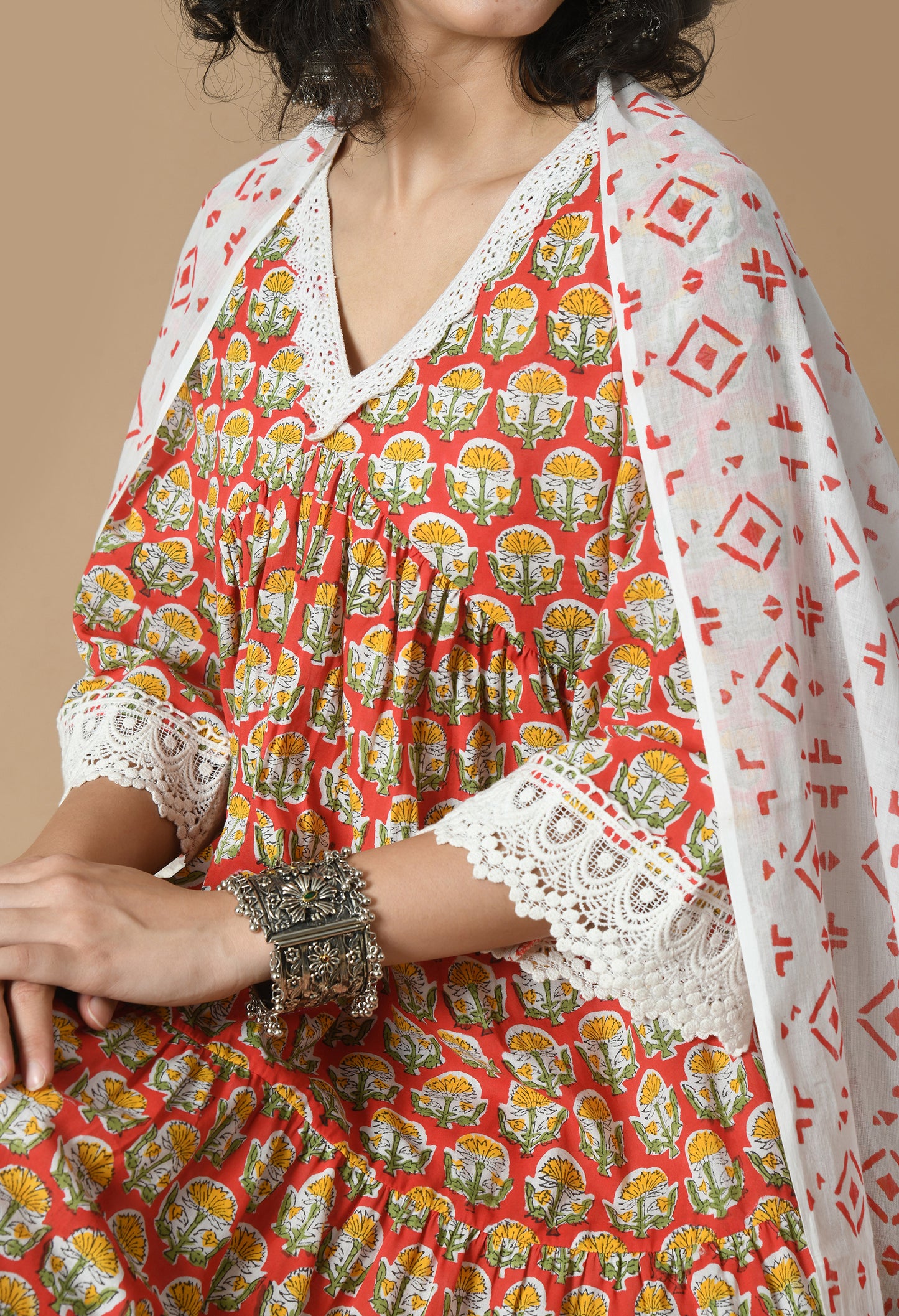 Floral Printed V-Neck Empire Pure Cotton Anarkali Kurta With Trousers & Dupatta