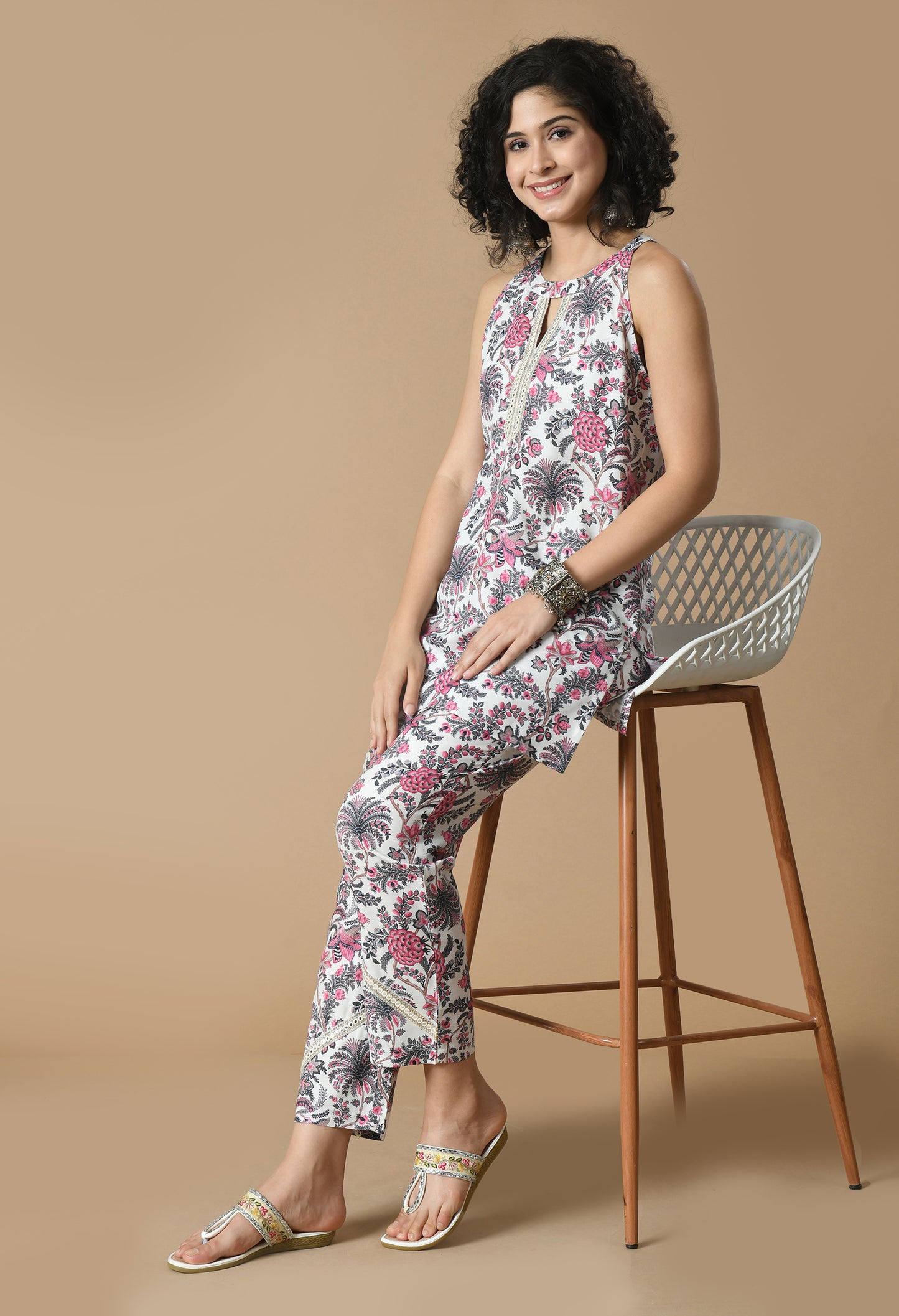 White Floral Printed Tunic With Trousers