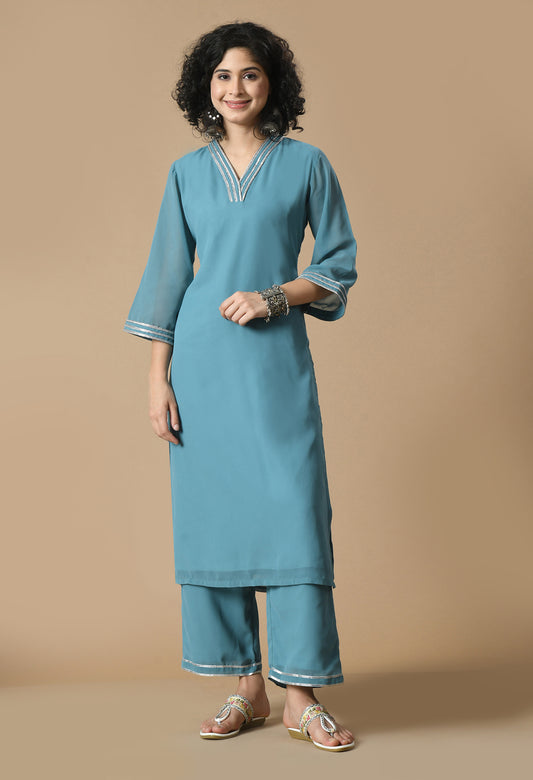 Blue V-Neck Georgette Straight Kurta With Palazzo