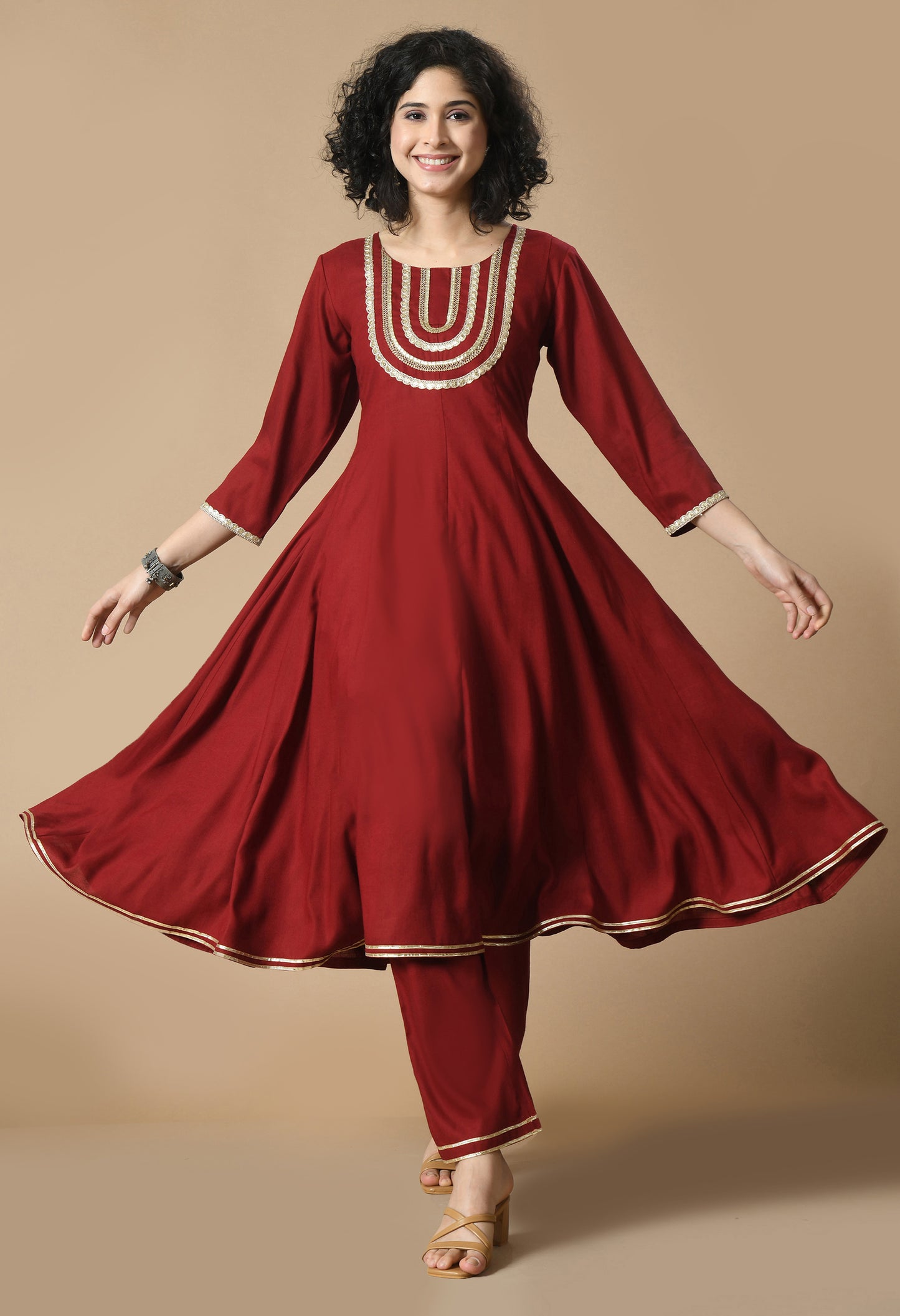 Maroon Round Neck Yoke Design Gotta Patti Zari Anarkali Kurta With Trousers