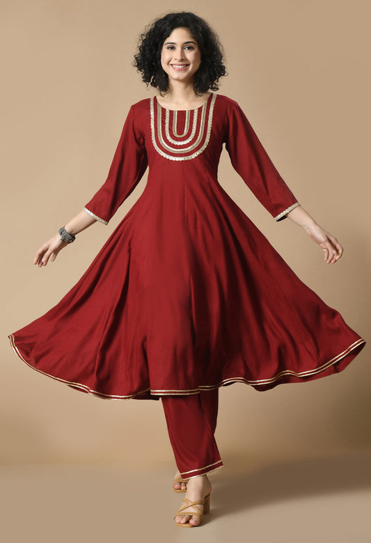 Maroon Round Neck Yoke Design Gotta Patti Zari Anarkali Kurta With Trousers