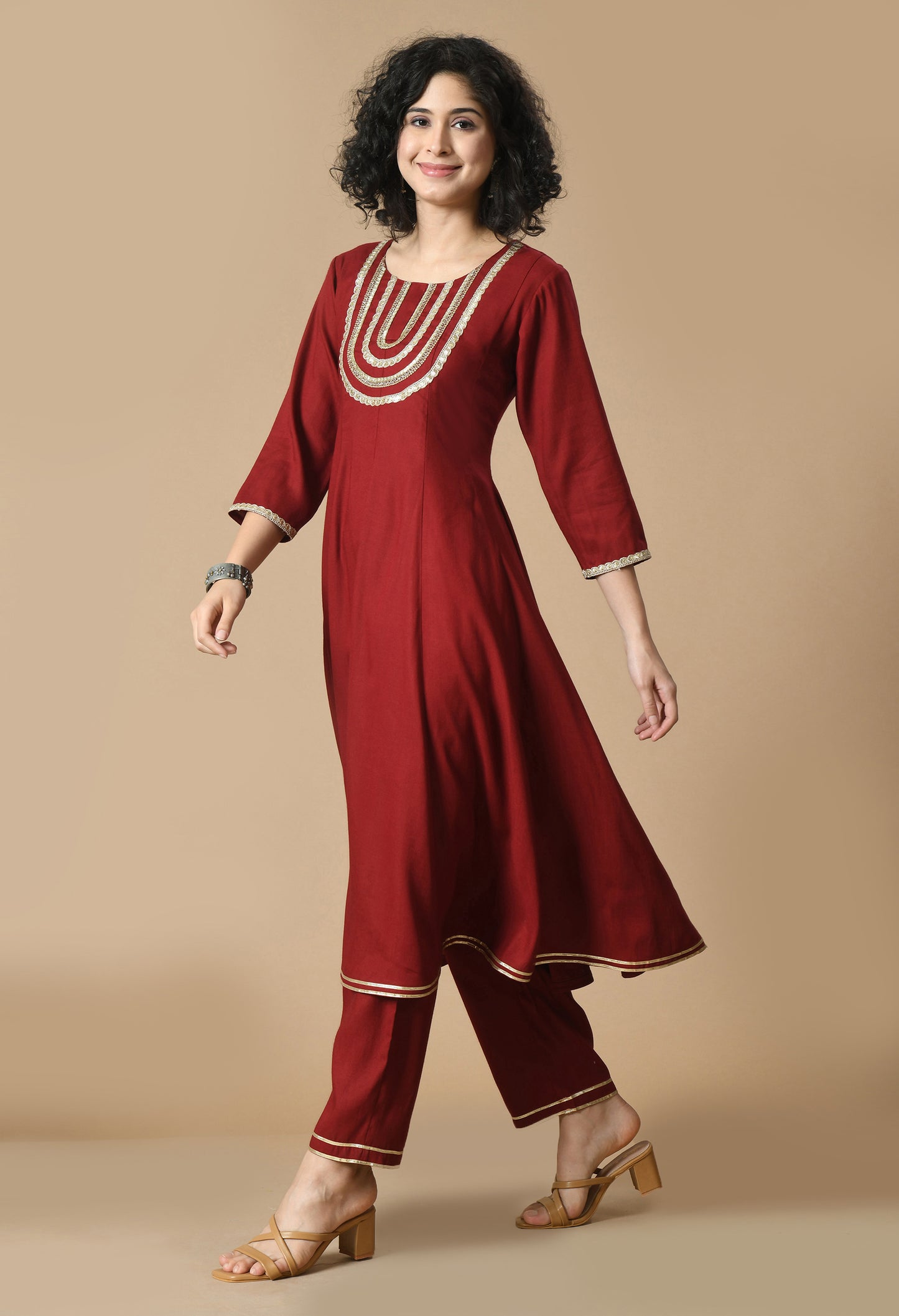 Maroon Round Neck Yoke Design Gotta Patti Zari Anarkali Kurta With Trousers