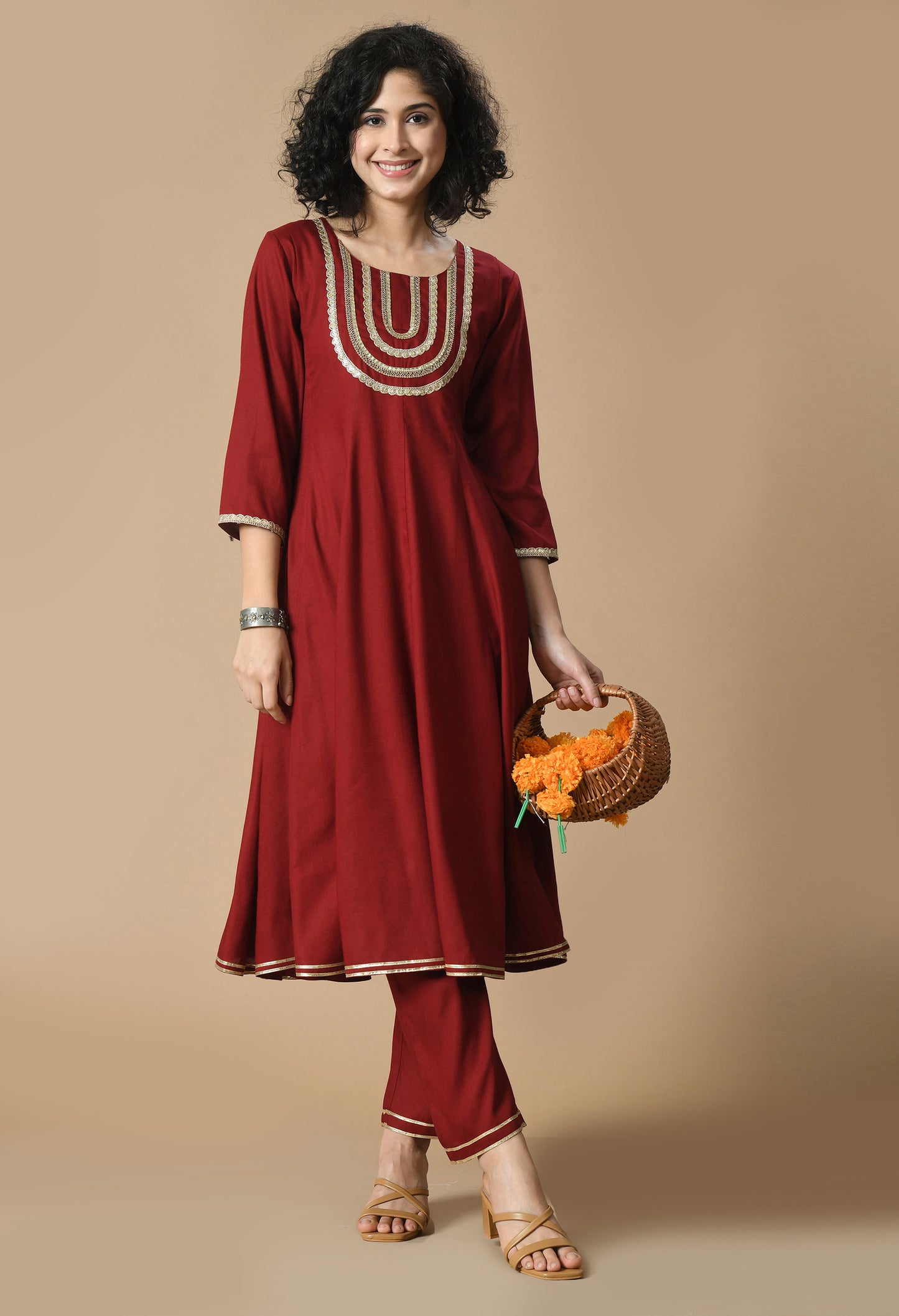 Maroon Round Neck Yoke Design Gotta Patti Zari Anarkali Kurta With Trousers