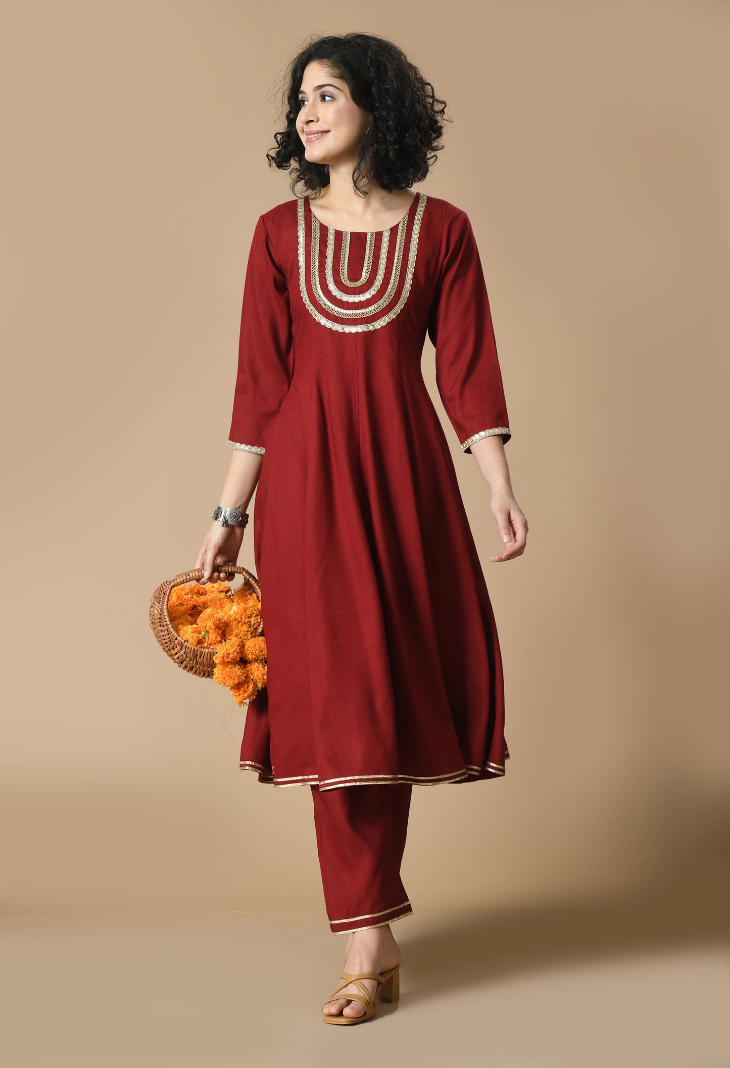 Maroon Round Neck Yoke Design Gotta Patti Zari Anarkali Kurta With Trousers