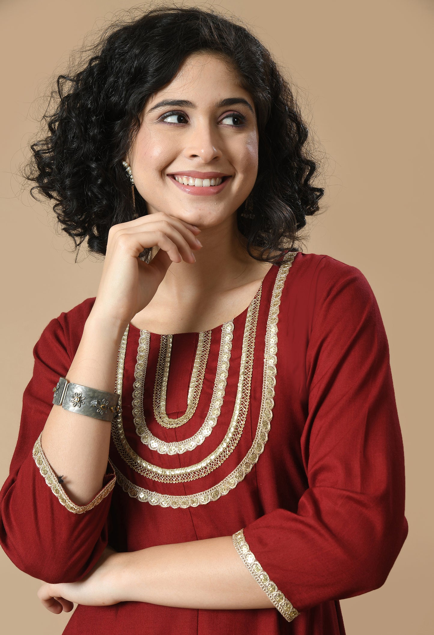 Maroon Round Neck Yoke Design Gotta Patti Zari Anarkali Kurta With Trousers