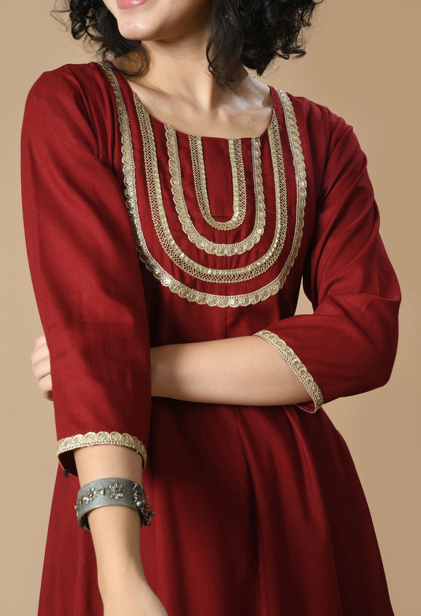 Maroon Round Neck Yoke Design Gotta Patti Zari Anarkali Kurta With Trousers