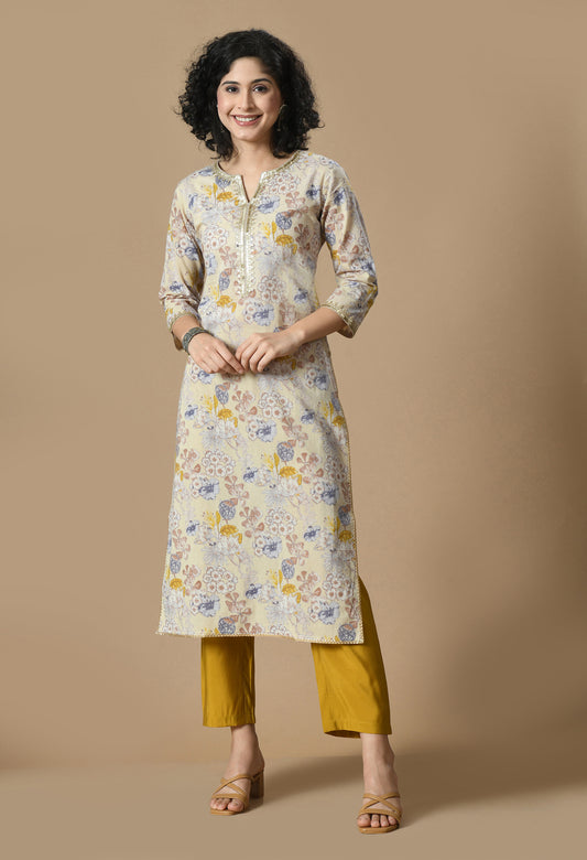 Beige Floral Printed Notch Neck Gotta Patti Straight Kurta With Palazzo