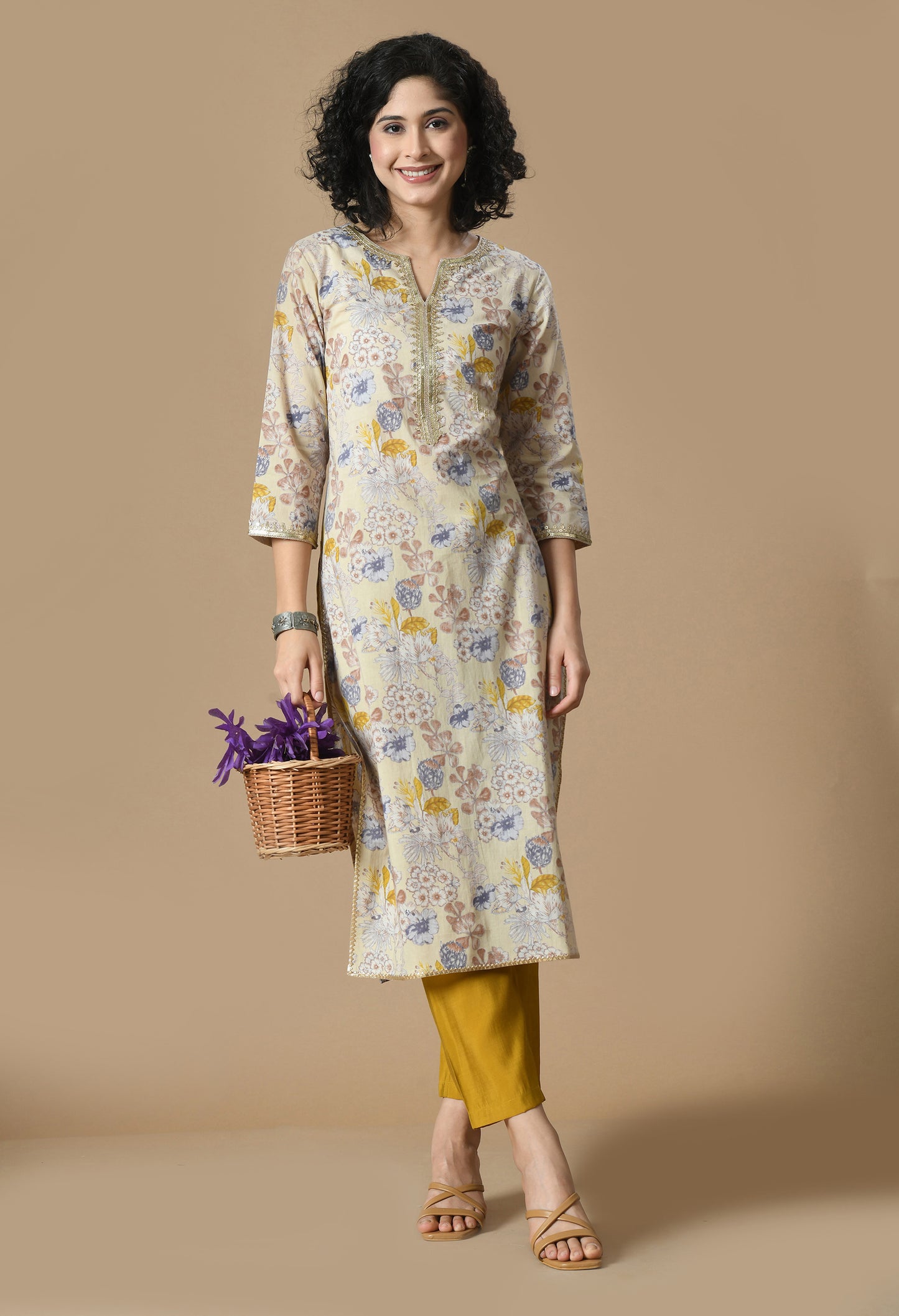 Beige Floral Printed Notch Neck Gotta Patti Straight Kurta With Palazzo