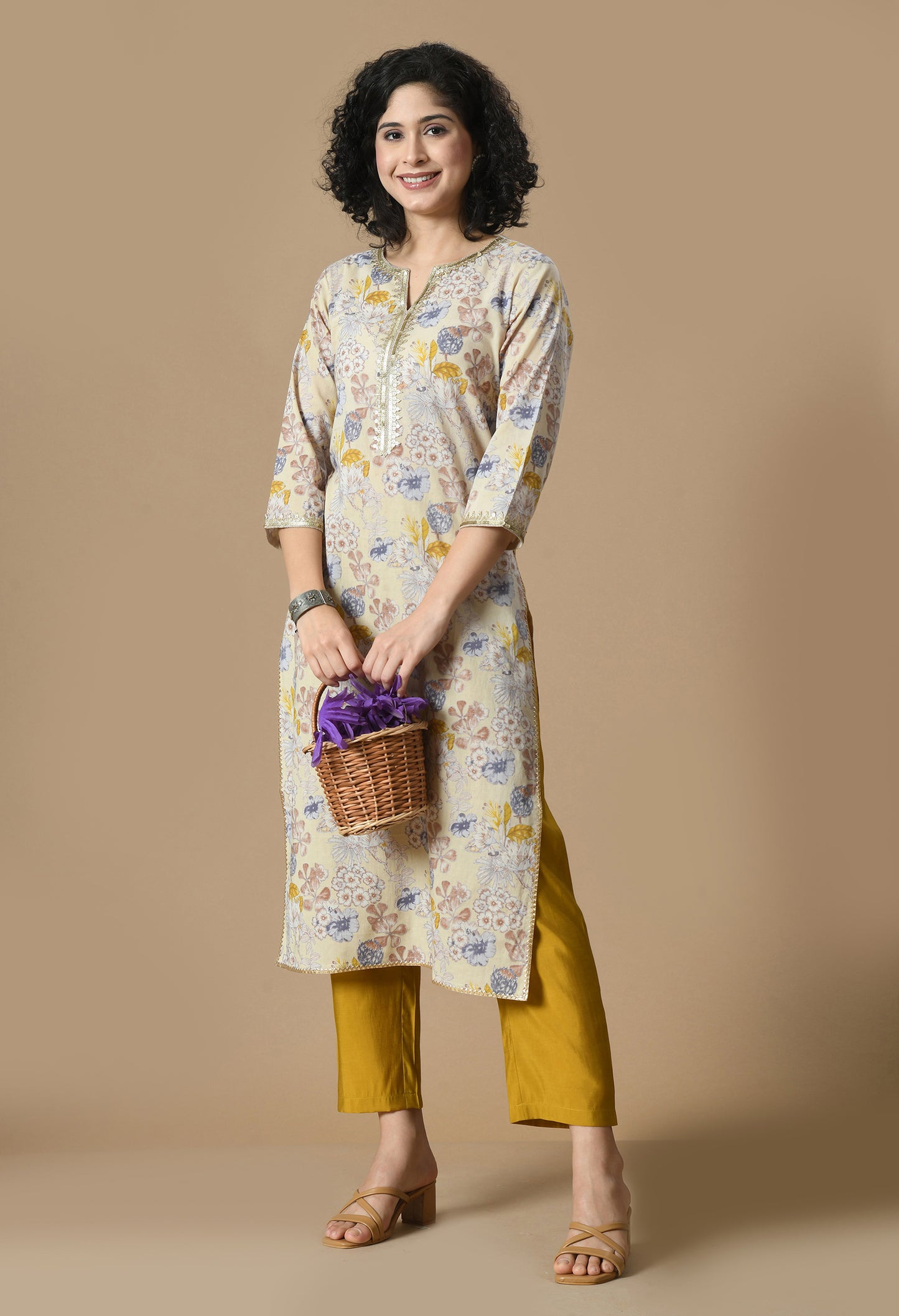 Beige Floral Printed Notch Neck Gotta Patti Straight Kurta With Palazzo