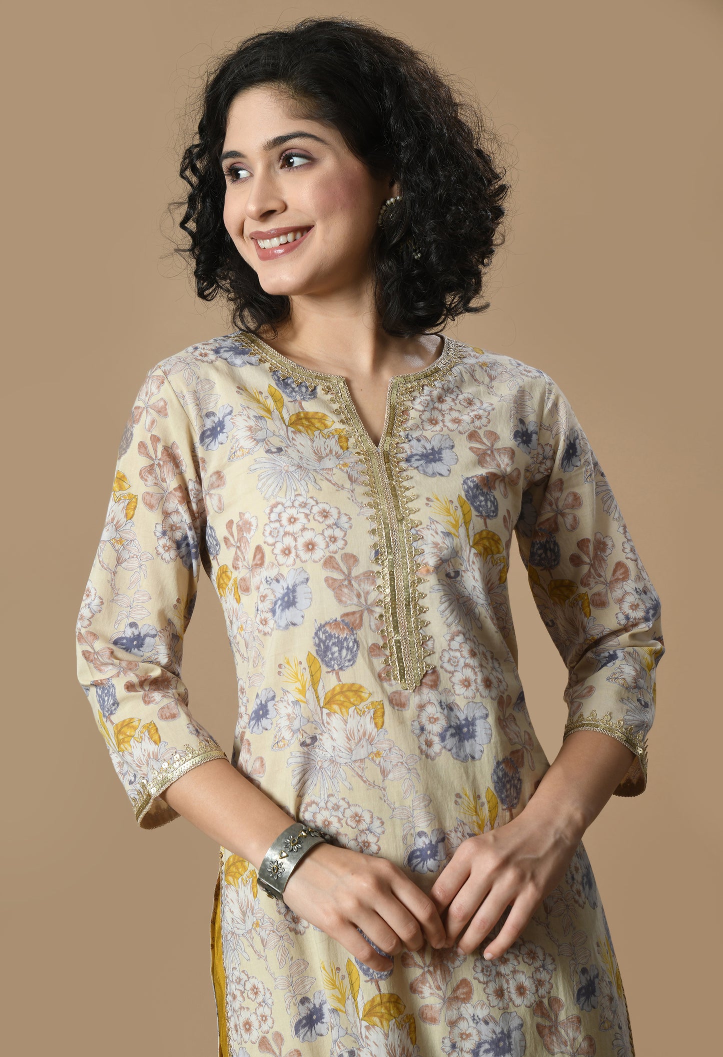 Beige Floral Printed Notch Neck Gotta Patti Straight Kurta With Palazzo