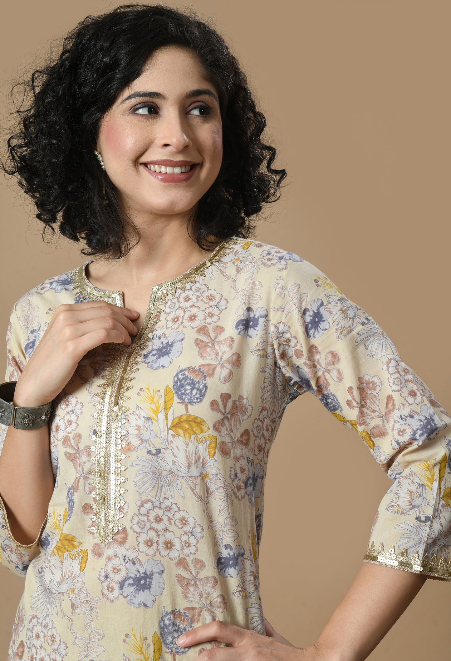 Beige Floral Printed Notch Neck Gotta Patti Straight Kurta With Palazzo