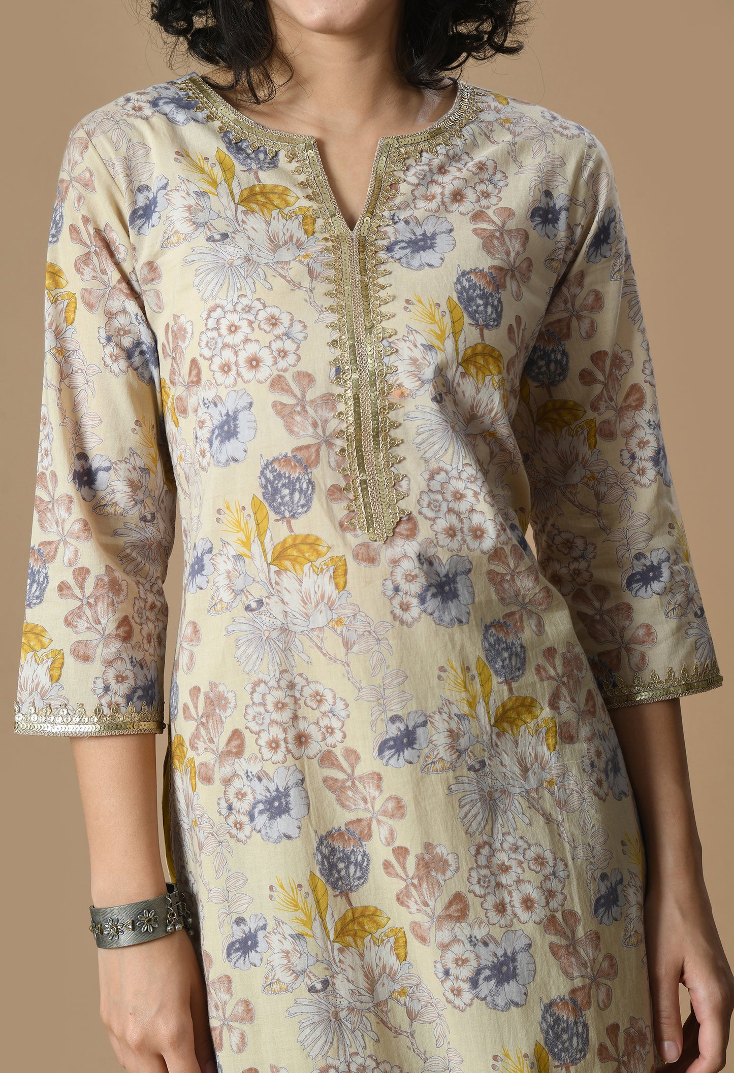 Beige Floral Printed Notch Neck Gotta Patti Straight Kurta With Palazzo