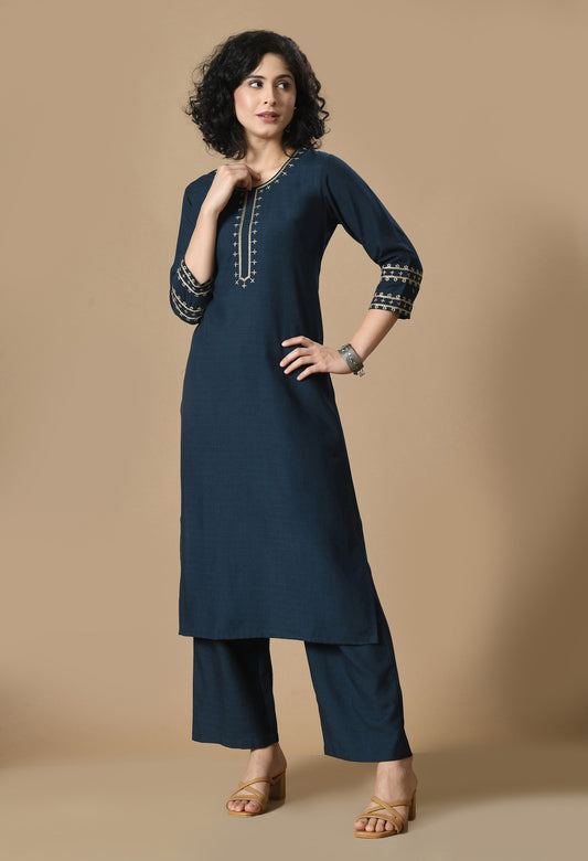 Navy Blue Geometric Embroidered Round Neck Straight Kurta With Palazzo