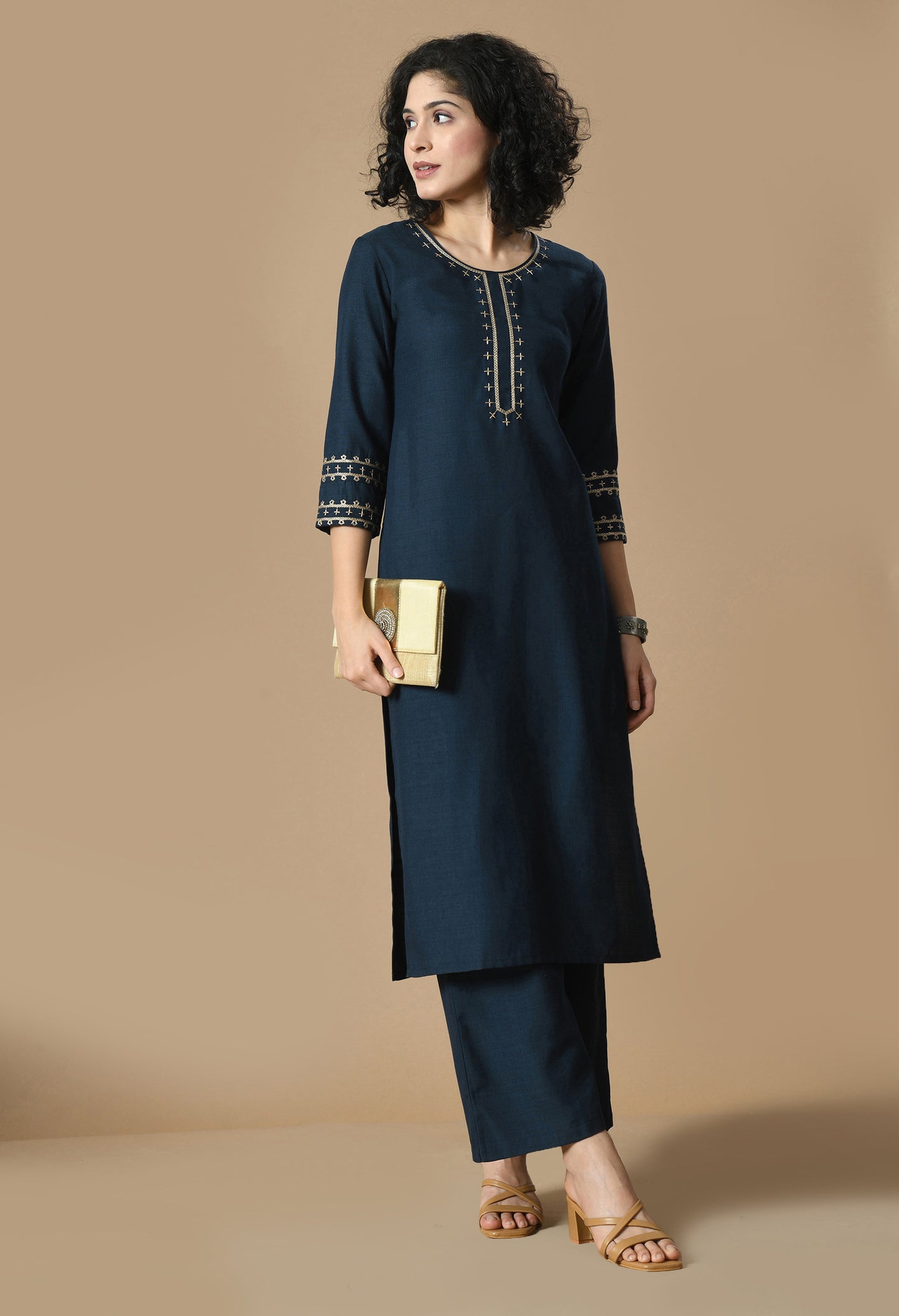 Navy Blue Geometric Embroidered Round Neck Straight Kurta With Palazzo