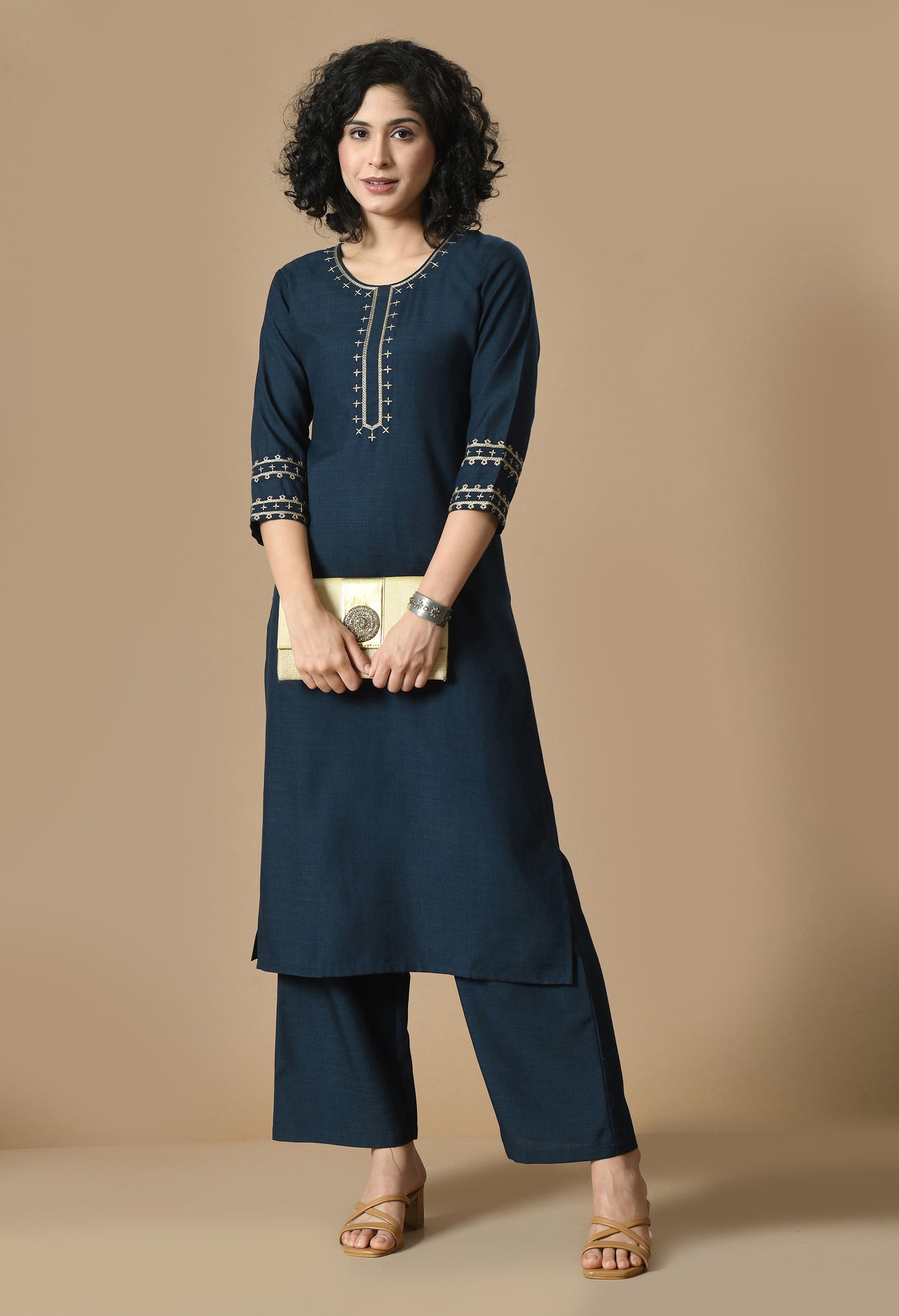 Navy Blue Geometric Embroidered Round Neck Straight Kurta With Palazzo