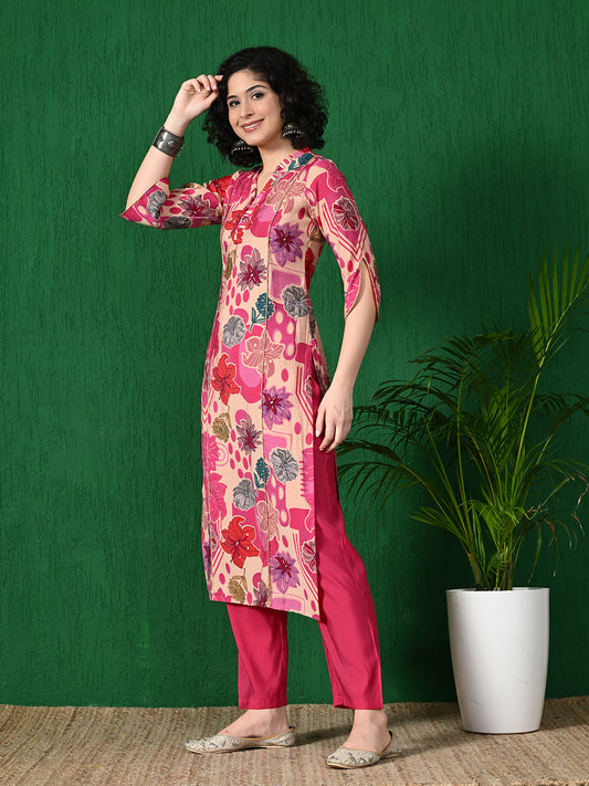 Pink Floral Printed Polu Rayon Kurta with Solid Pink Pants - Summer Collection