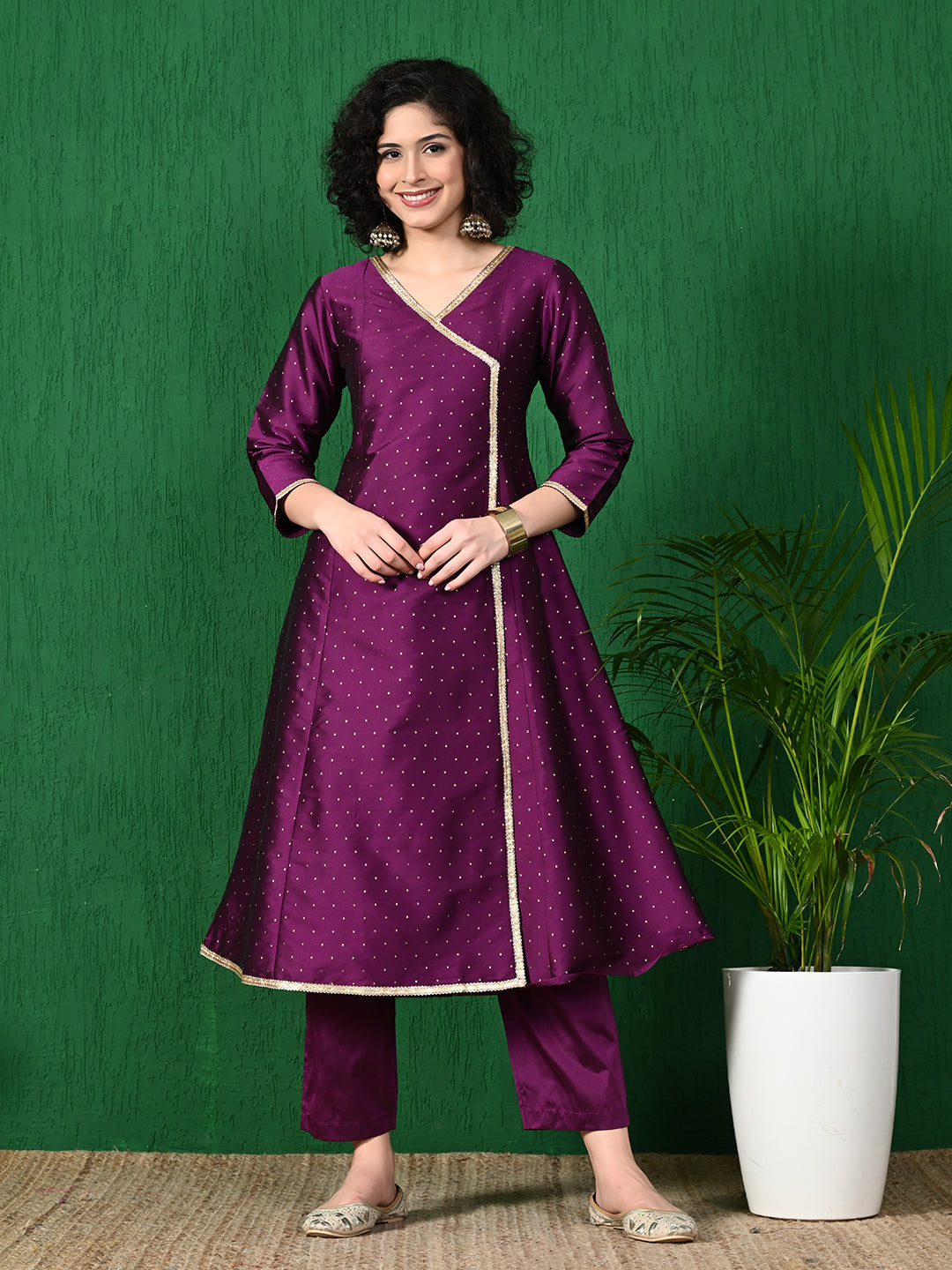 Radiant Purple Butta Taffeta Angrakha Kurta for Women