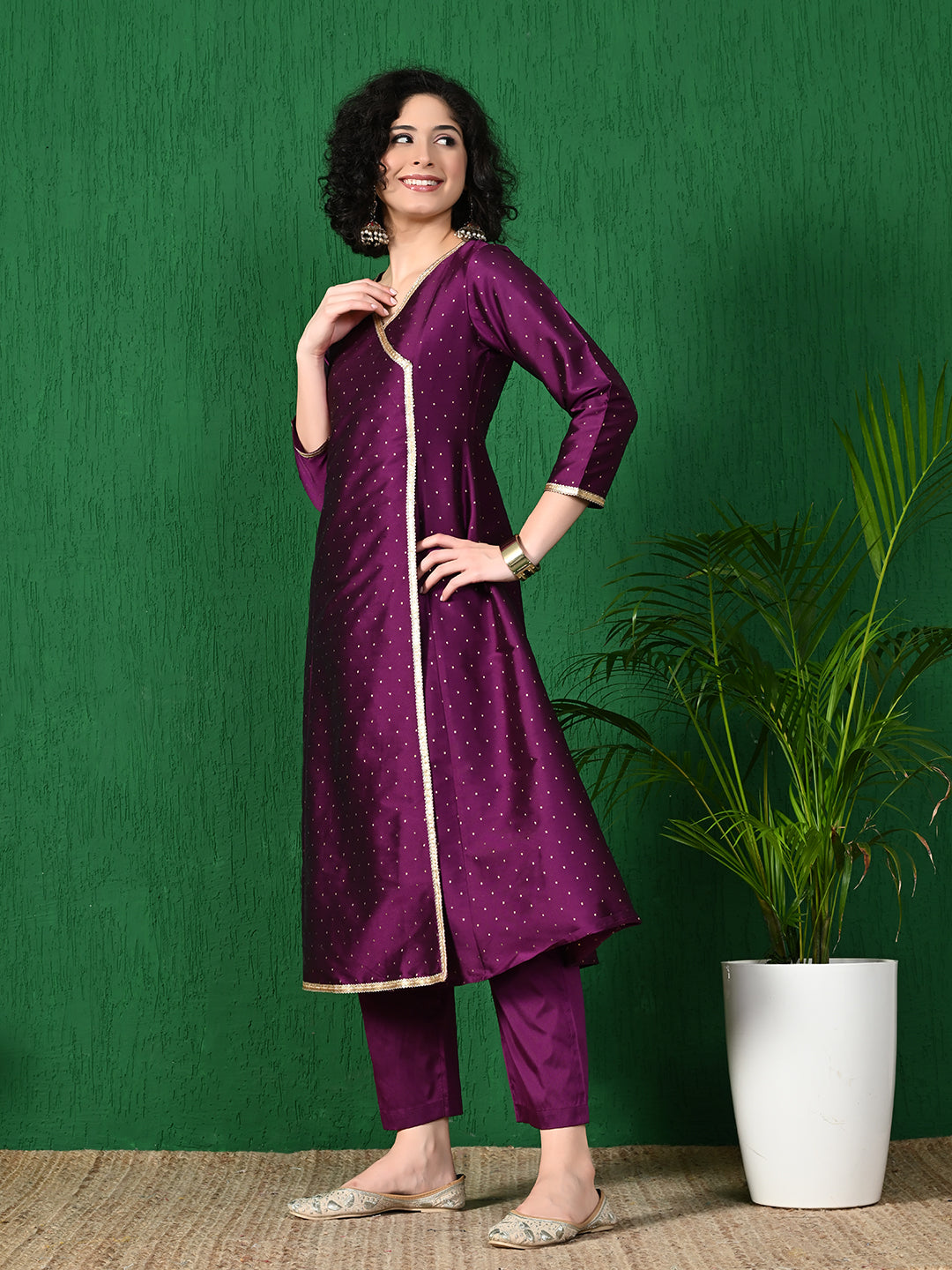 Radiant Purple Butta Taffeta Angrakha Kurta for Women