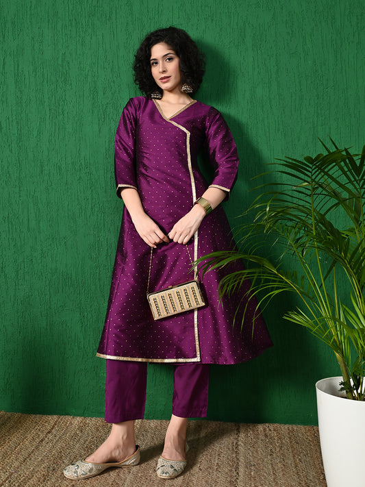 Radiant Purple Butta Taffeta Angrakha Kurta for Women