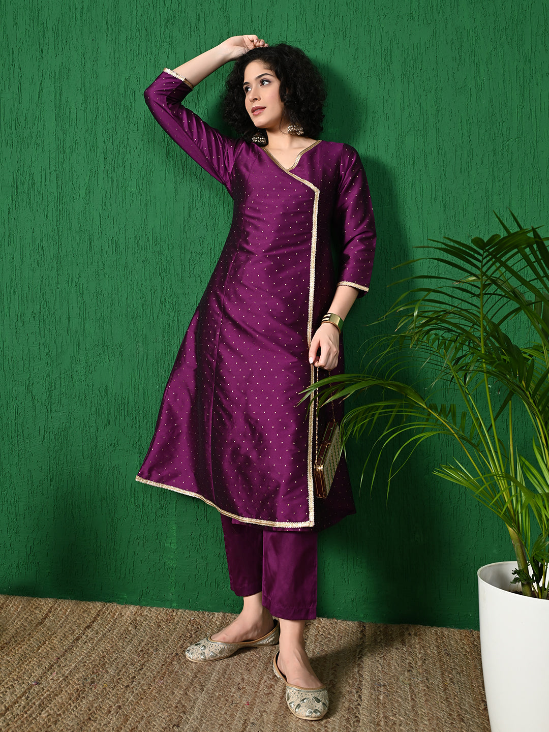 Radiant Purple Butta Taffeta Angrakha Kurta for Women