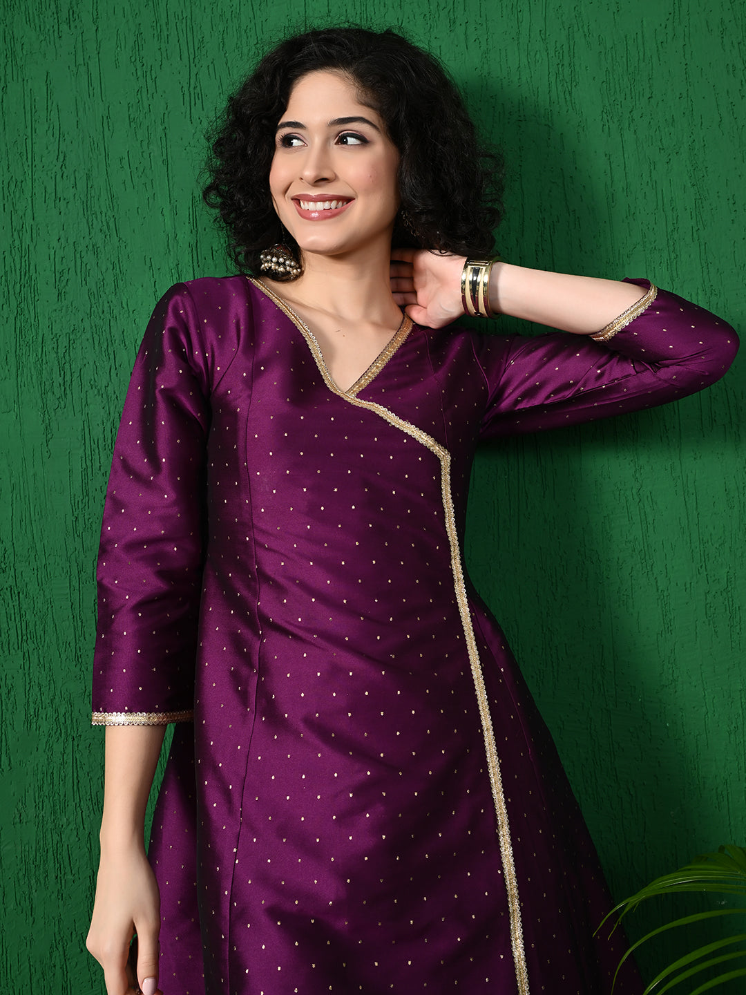 Radiant Purple Butta Taffeta Angrakha Kurta for Women