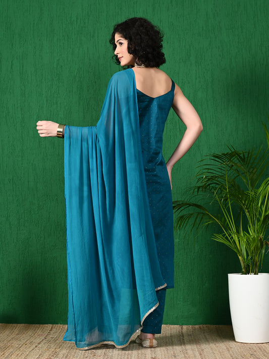 Mesmerizing Teal Blue: Women's Buta Dobby Blend Silk Kurta Set with Poly Chiffon Dupatta