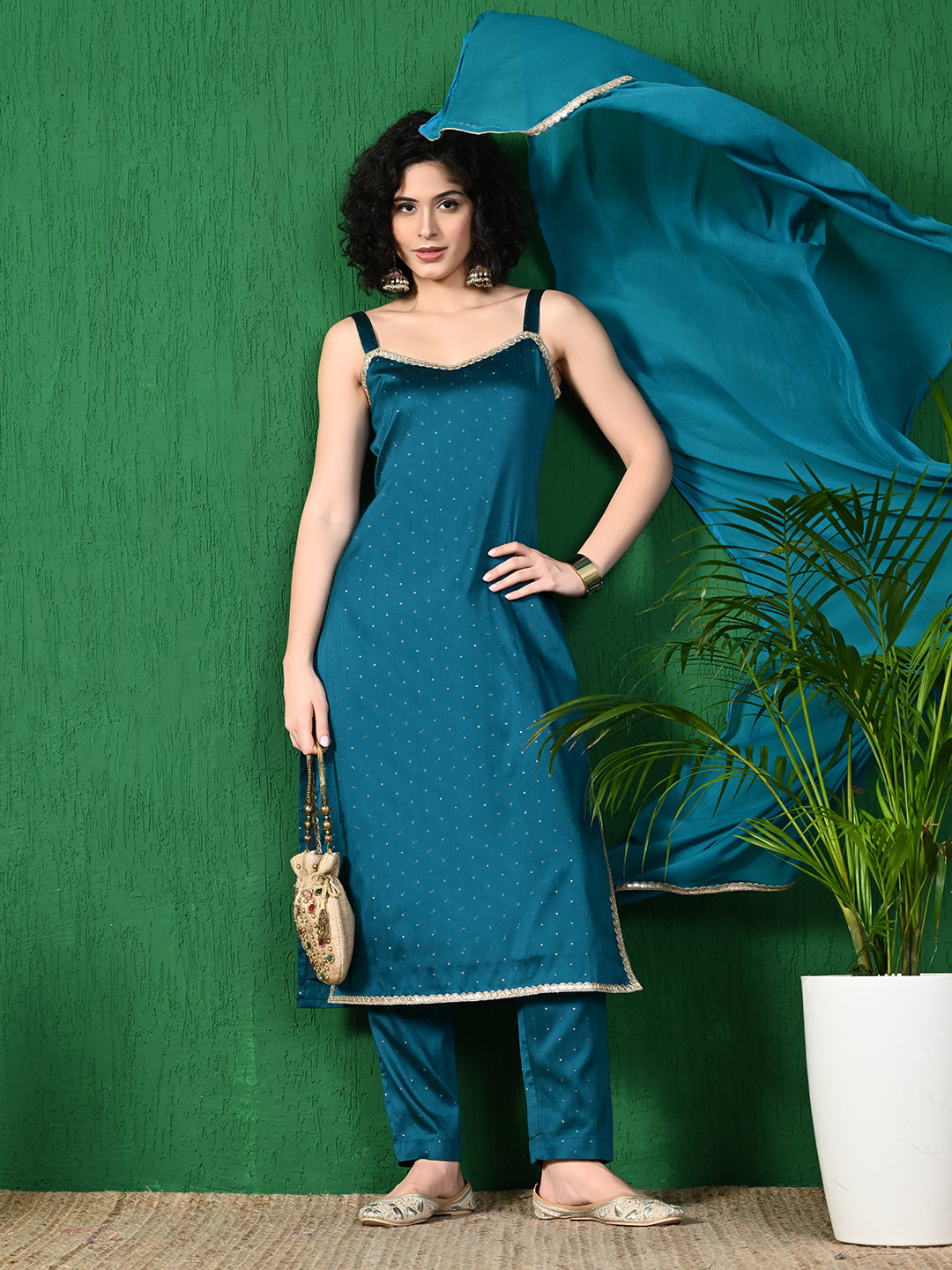 Mesmerizing Teal Blue: Women's Buta Dobby Blend Silk Kurta Set with Poly Chiffon Dupatta