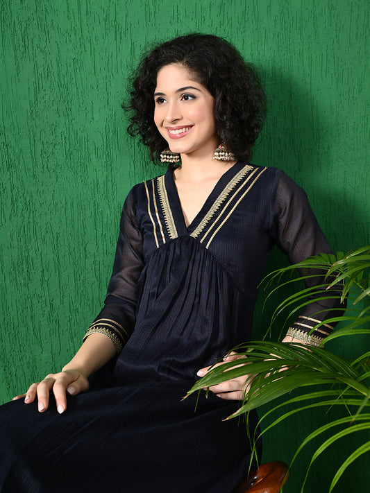 Embrace Elegance: Navy Blue Kota Check Kurta with Palazzo Set