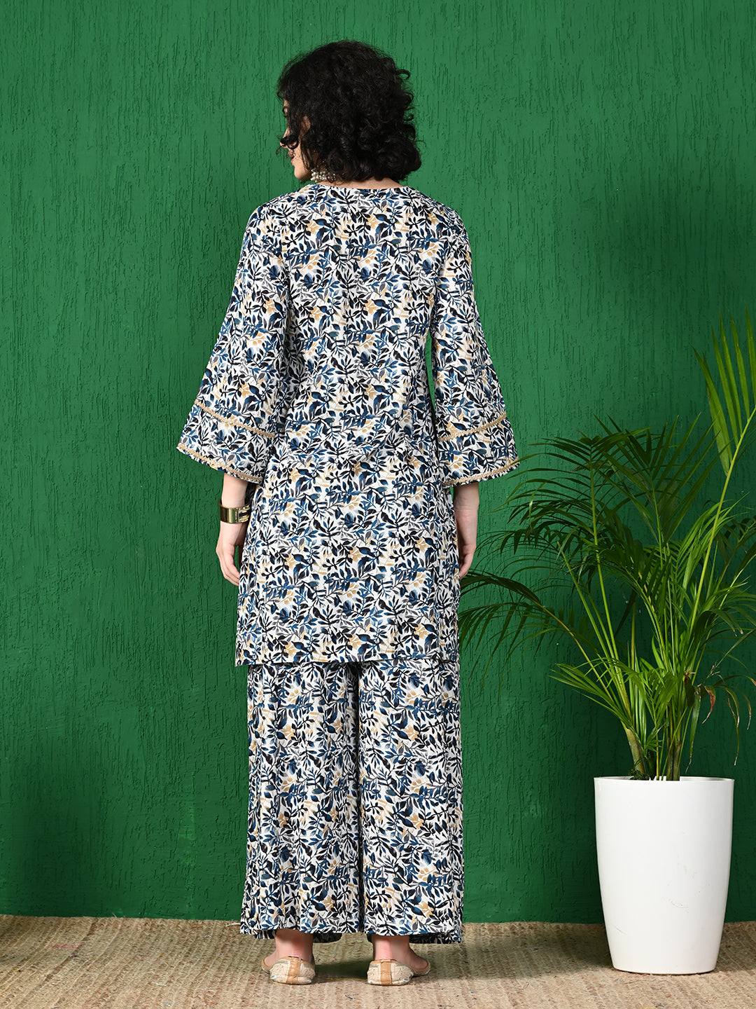 Women's Elegant White & Navy Floral Printed Viscose Rayon Peplum Kurta & Sharara Set