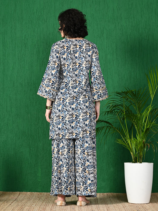 Women's Elegant White & Navy Floral Printed Viscose Rayon Peplum Kurta & Sharara Set