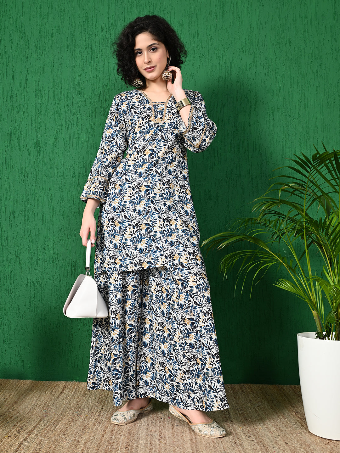 Women's Elegant White & Navy Floral Printed Viscose Rayon Peplum Kurta & Sharara Set