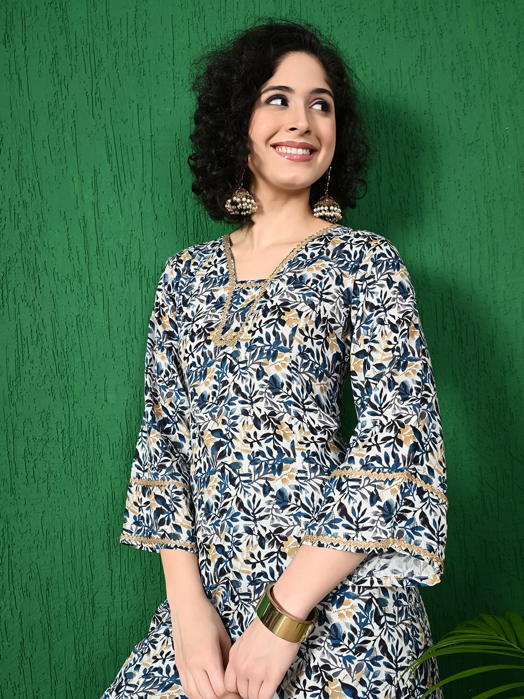Women's Elegant White & Navy Floral Printed Viscose Rayon Peplum Kurta & Sharara Set