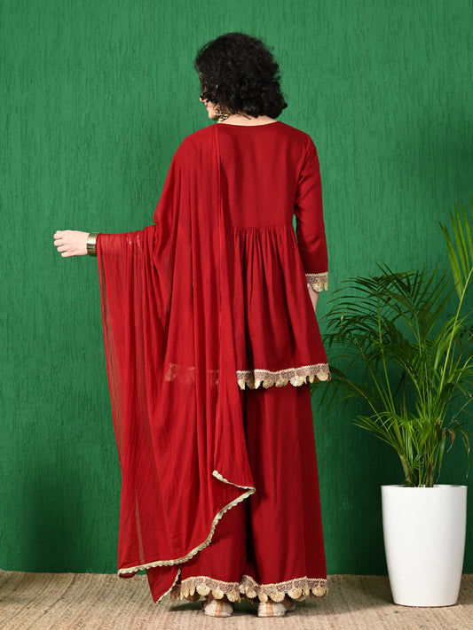 Regal Charm: Women's Maroon Viscose Rayon Angrakha Style Kurta Sharara Set with Art Silk Dupatta