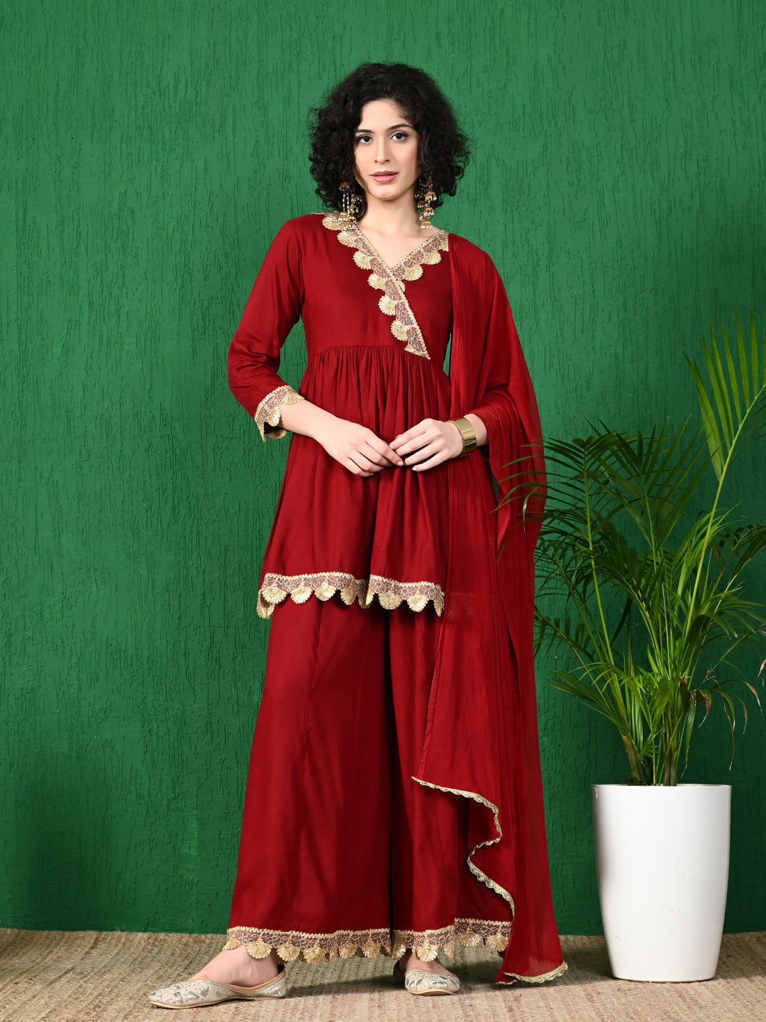 Regal Charm: Women's Maroon Viscose Rayon Angrakha Style Kurta Sharara Set with Art Silk Dupatta