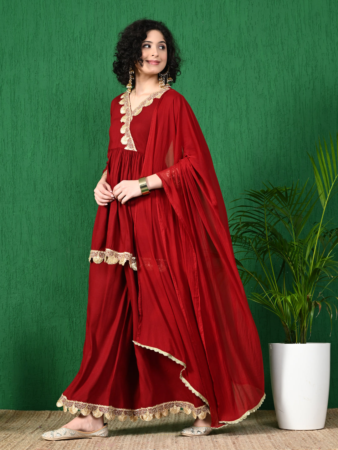 Regal Charm: Women's Maroon Viscose Rayon Angrakha Style Kurta Sharara Set with Art Silk Dupatta