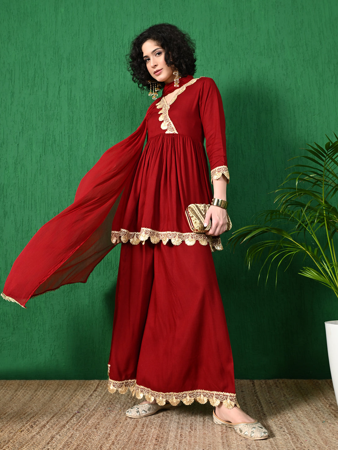 Regal Charm: Women's Maroon Viscose Rayon Angrakha Style Kurta Sharara Set with Art Silk Dupatta