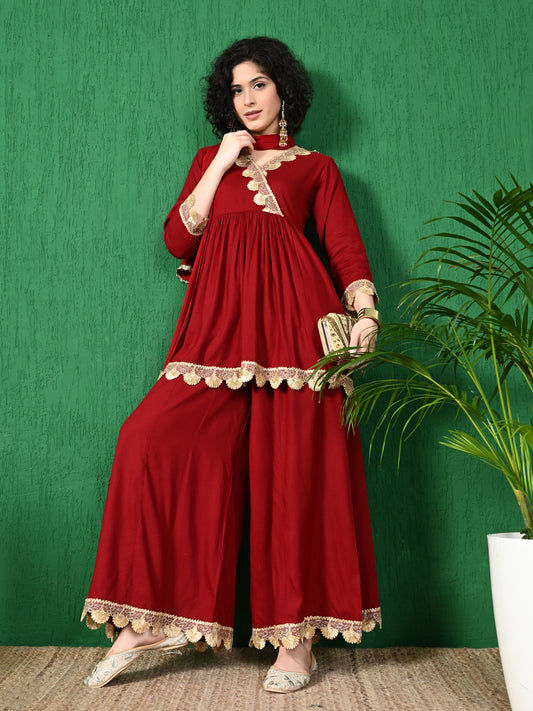Regal Charm: Women's Maroon Viscose Rayon Angrakha Style Kurta Sharara Set with Art Silk Dupatta