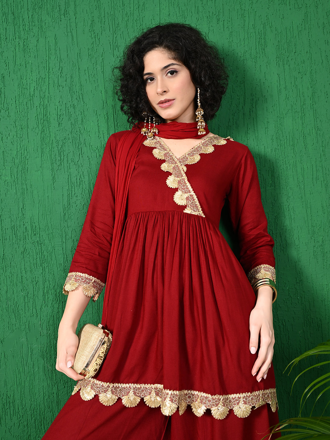 Regal Charm: Women's Maroon Viscose Rayon Angrakha Style Kurta Sharara Set with Art Silk Dupatta