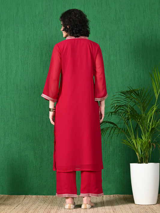 Women's Festive Red Georgette Kurta with Embroidered Neckline & Palazzo Set