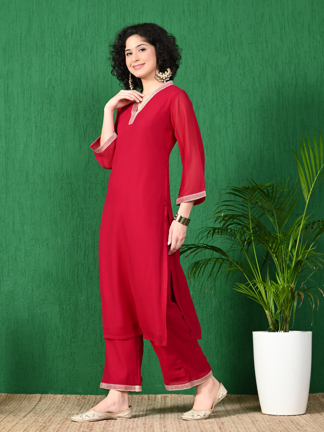 Women's Festive Red Georgette Kurta with Embroidered Neckline & Palazzo Set