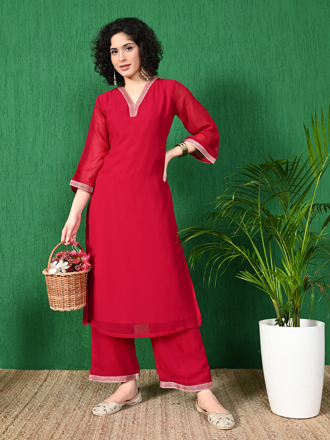 Women's Festive Red Georgette Kurta with Embroidered Neckline & Palazzo Set