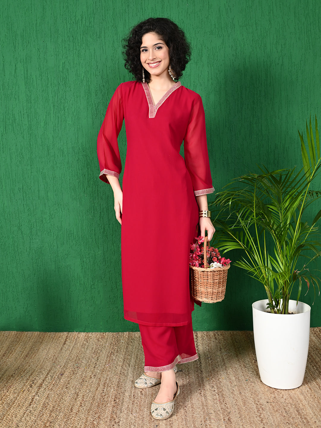 Women's Festive Red Georgette Kurta with Embroidered Neckline & Palazzo Set