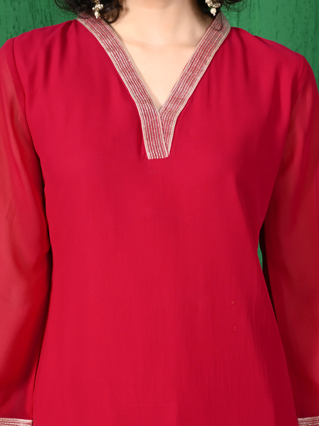 Women's Festive Red Georgette Kurta with Embroidered Neckline & Palazzo Set