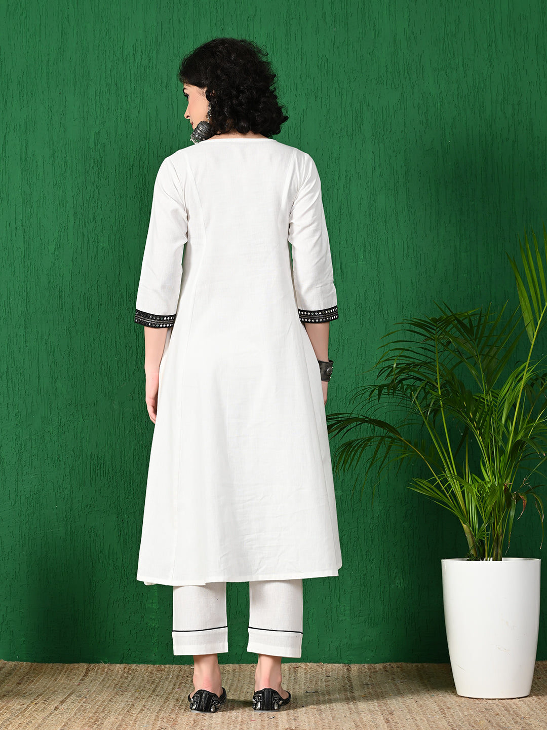 Women's Elegant White & Black Embroidered Cotton Flex Anarkali Style Kurta with Straight Pants Set