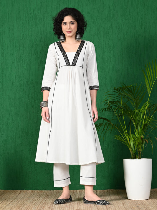 Women's Elegant White & Black Embroidered Cotton Flex Anarkali Style Kurta with Straight Pants Set