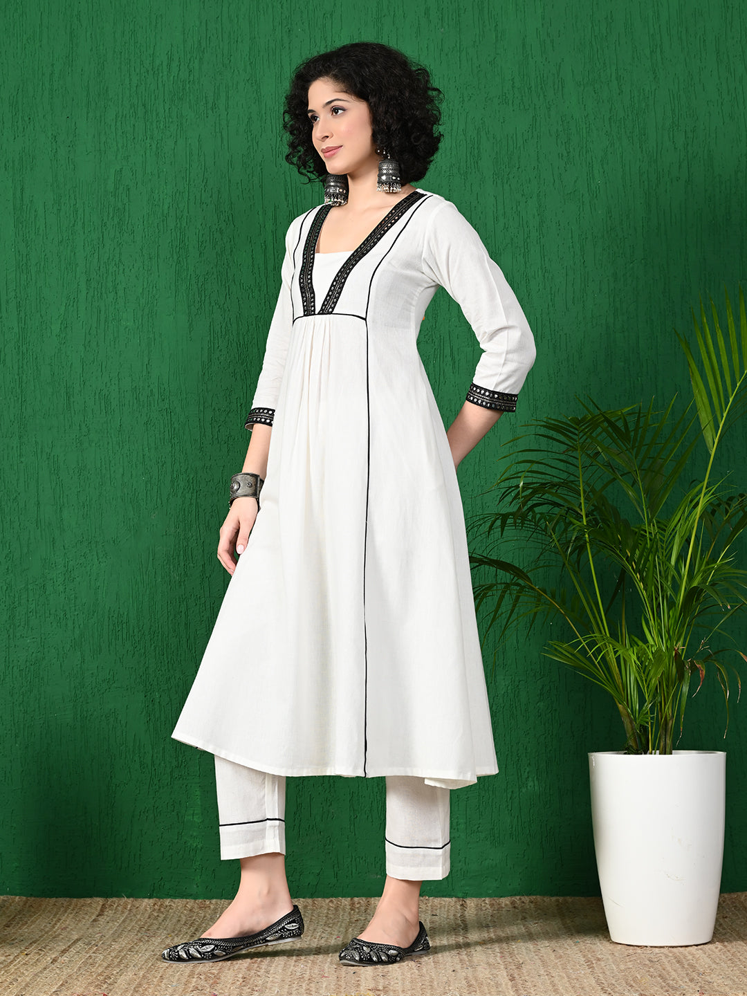 Women's Elegant White & Black Embroidered Cotton Flex Anarkali Style Kurta with Straight Pants Set