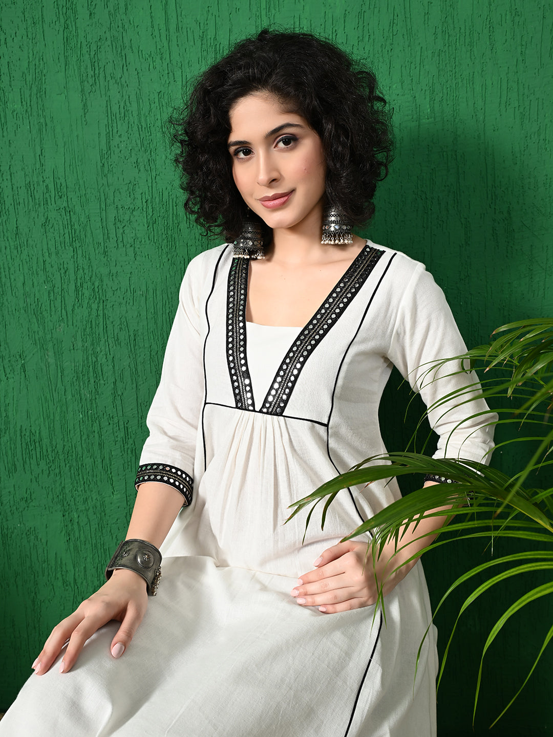 Women's Elegant White & Black Embroidered Cotton Flex Anarkali Style Kurta with Straight Pants Set